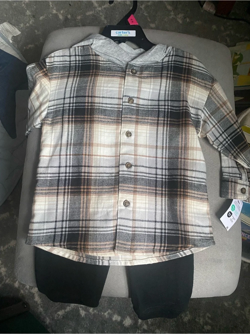 Carter's Gray, Beige & Brown Plaid Hooded Button-Down Shirt